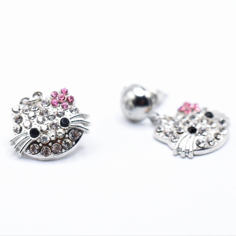Silver and Pink Cat Earrings, Silver Tone, New